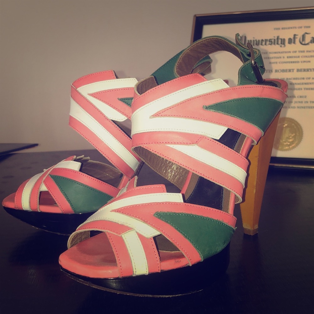 Green, pink, white paneled Marni heels